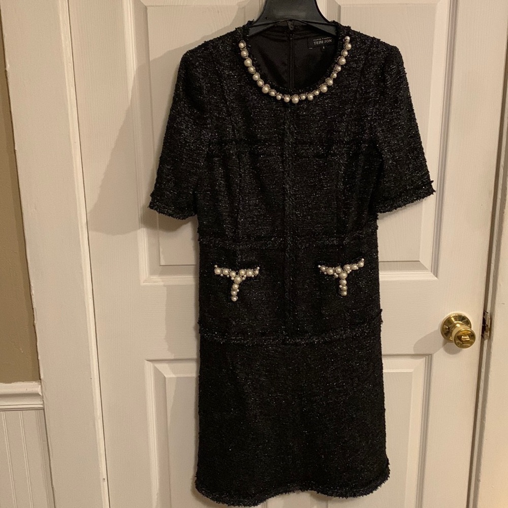 Rickie Freeman by Teri Jon Dresses Black Metallic Tweed Midi Short Sleeve Dress